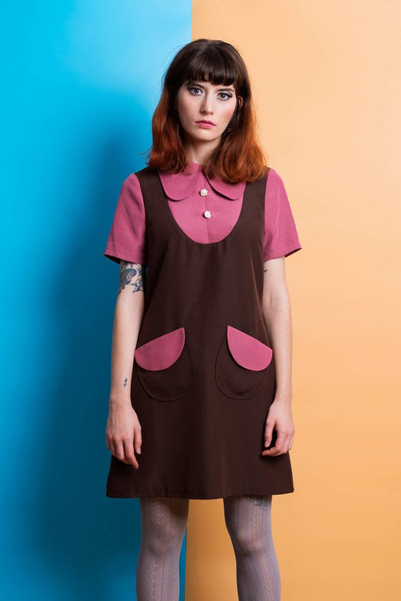 1960s Dress Mod Mini Beagle Collar Dress Retro Brown Dress | Etsy