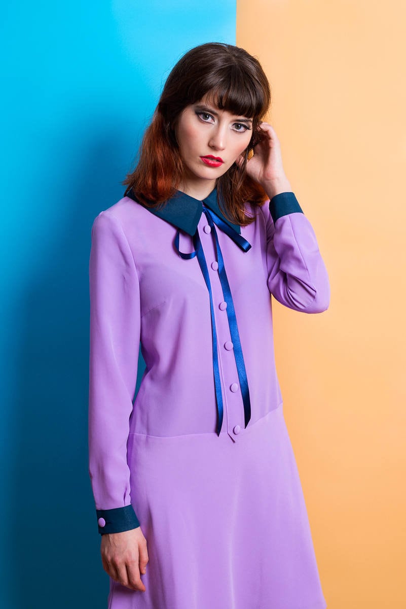 Retro 60S Inspired Lavender Dress, Shift Mod Dress, A Line Bow Dress