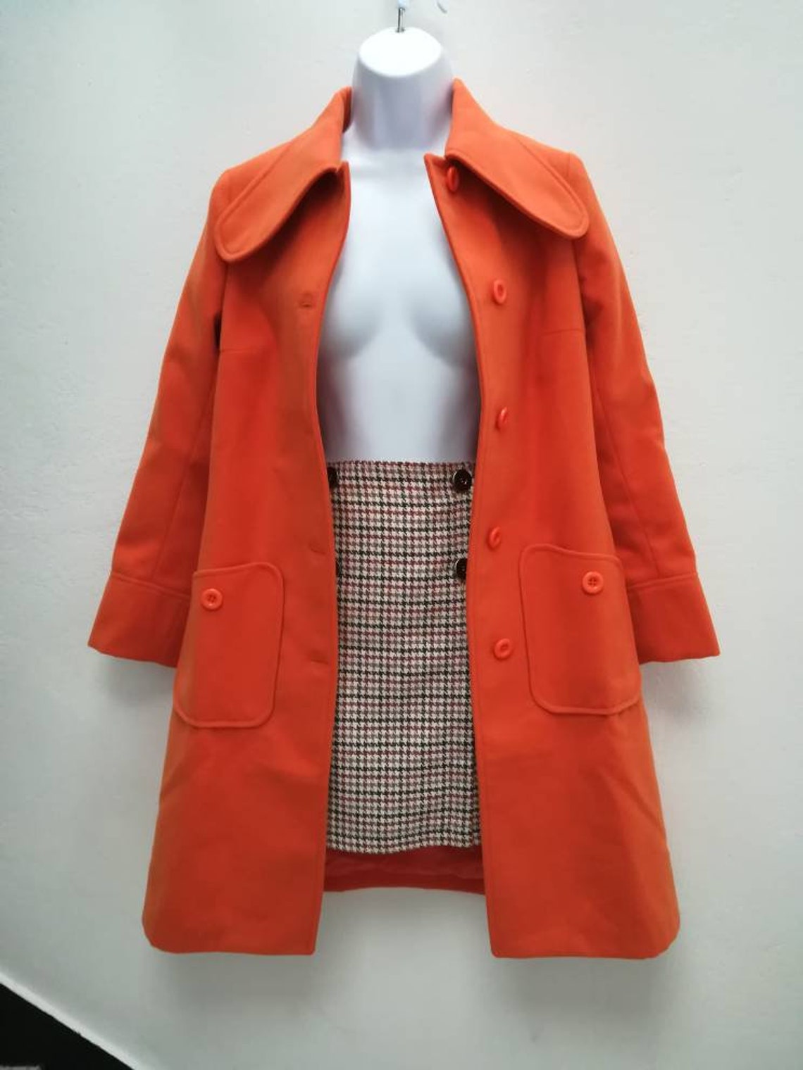 VINTAGE 60s 70s BROWN BRONZE HOUNDSTOOTH CHECKED MOD DAGGER SHIRT DRESS 8 10
