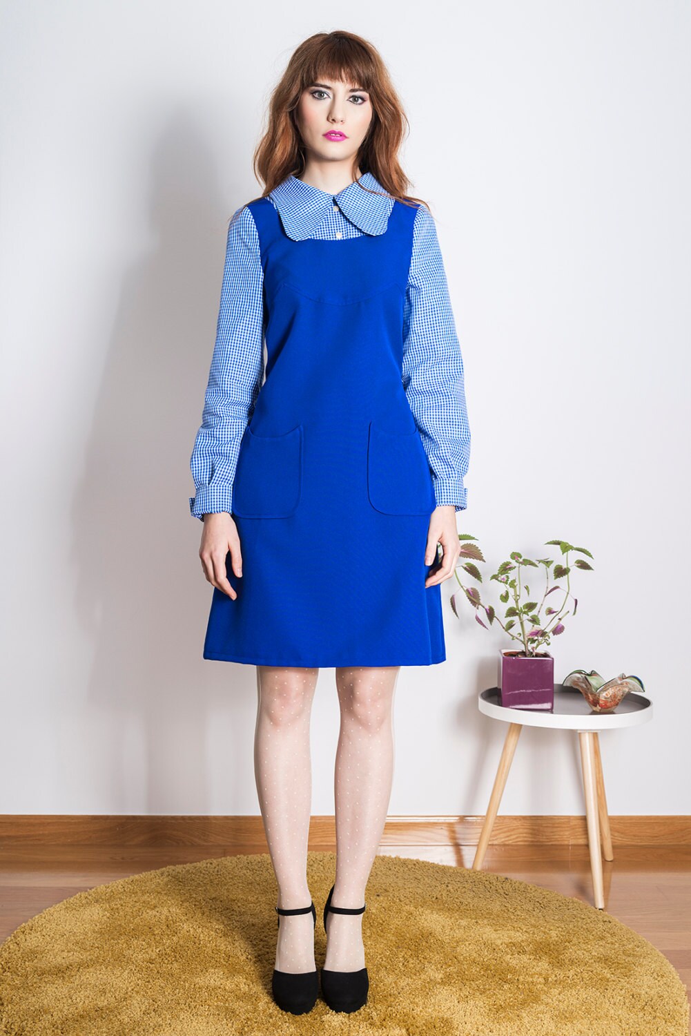 70s blue checked Beagle collar mod dress retro scooter dress Etsy