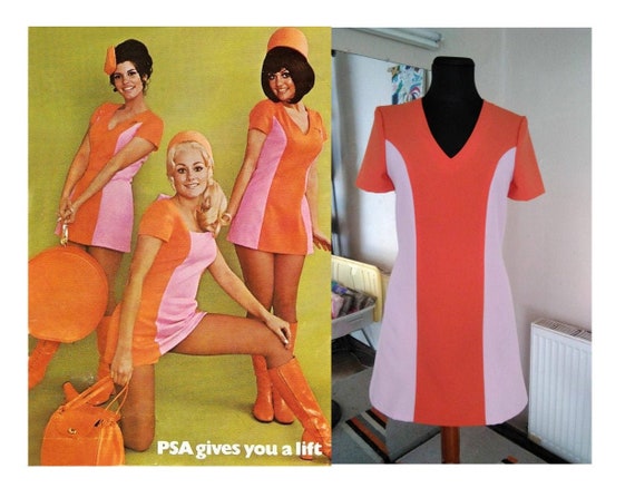 60s Stewardess Dress, Pink Orange PSA Dress, Mod Shift Dress, 60s