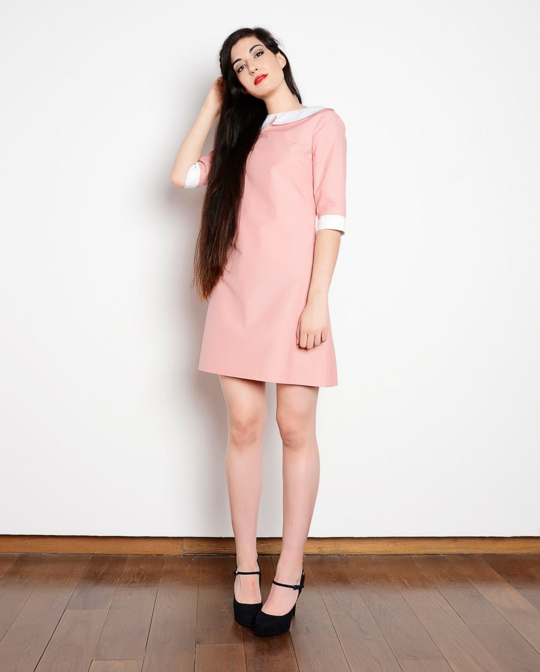 60s Pink Dress, Peter Pan Collar Dress, Cotton Pink Dress