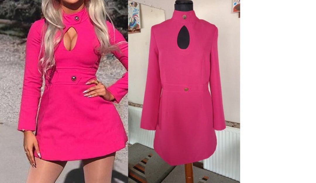 Stewardess Inspired Fuchsia Dress, 60s Mini Dress, Babydoll Dress