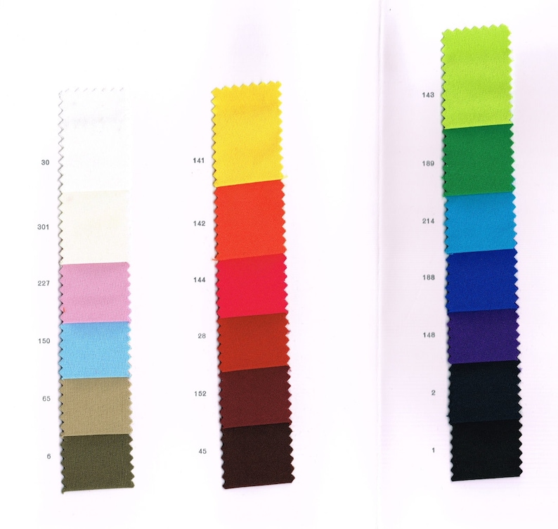 May include: A color chart with fabric swatches in various colors, including white, yellow, orange, red, brown, green, blue, and black. The swatches are labeled with numbers.