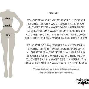 May include: Sizing chart for clothing with measurements in inches and centimeters. The chart shows chest, waist, and hip measurements for sizes XS, S, M, L, XL, and XXL.