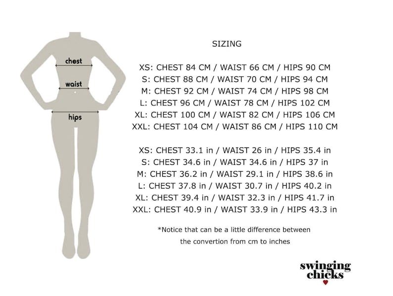 May include: Sizing chart for clothing with measurements in inches and centimeters. The chart shows chest, waist, and hip measurements for sizes XS, S, M, L, XL, and XXL.