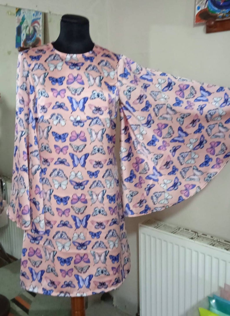 Sharon Tate inspired Butterfly dress, 60s mini dress, Bell sleeve dress, 1960s iconic dress, Extra big bell sleeve dress, Mod dress image 1
