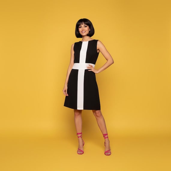 60s Black and White Dress, Mondrian Dress, Mod Shift Dress, 60s