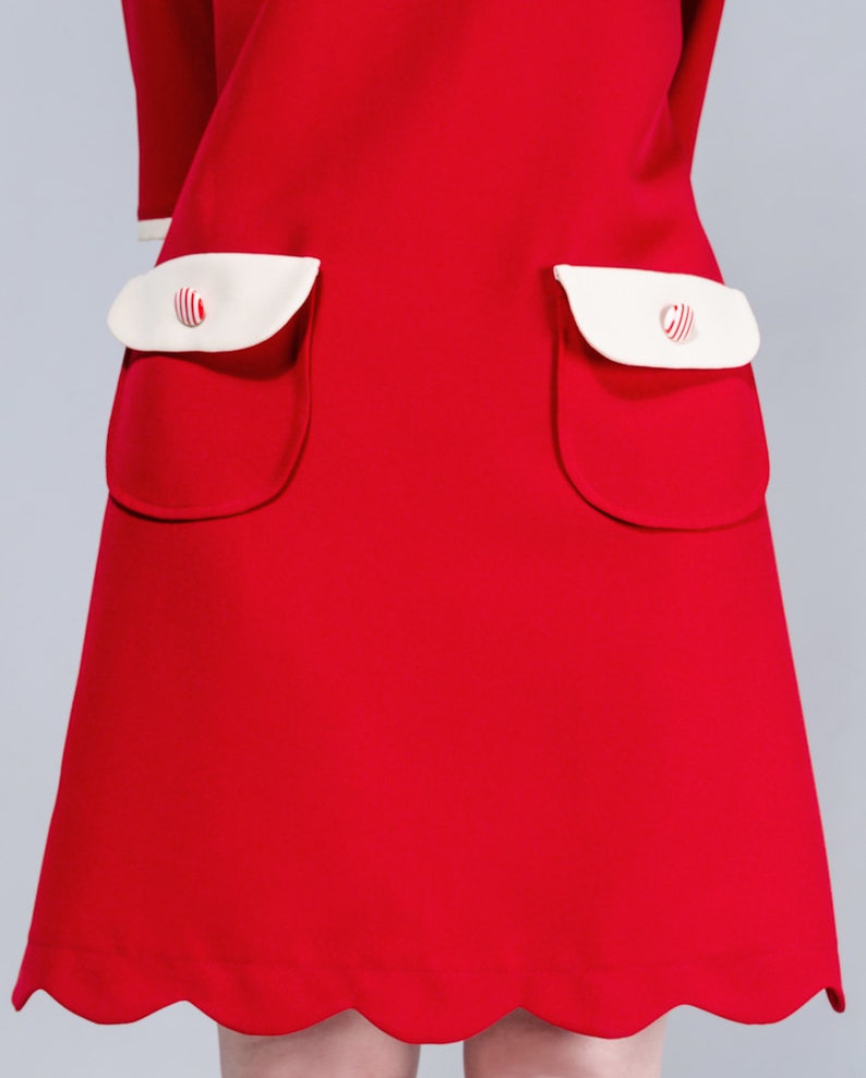 60s red dres, Mod dress, red mini dress, Peter pan collar dress, 60s shift dress, scalloped dress, custom dress image 3