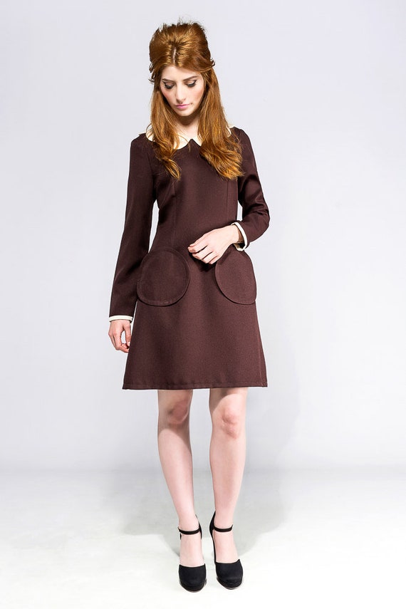 scooter brown dress Brown Lolita Mod Dress Pocket Scalloped Collar a Line Dress Scooter 1960's