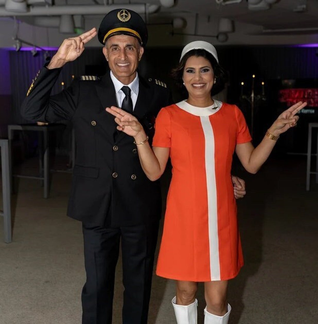 60s Stewardess Dress, Orange Vintage Aviation Dress, Mod Shift