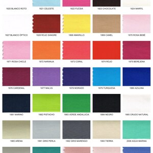 May include: A colour chart with 25 fabric swatches, each labelled with a number and a Spanish word describing the colour. The colours range from white to black, with shades of red, blue, green, yellow, and pink.