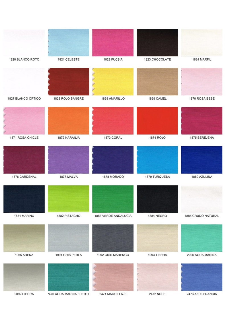 May include: A colour chart with 25 fabric swatches, each labelled with a number and a Spanish word describing the colour. The colours range from white to black, with shades of red, blue, green, yellow, and pink.