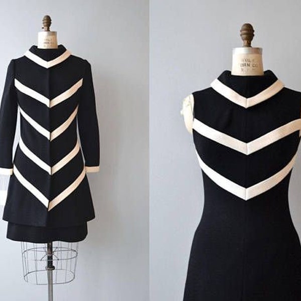 60s black and white coat and dress, mod set, retro set, 70s coat, 2 pieces set, vintage inspired, retro coat, mini dress, working clothing