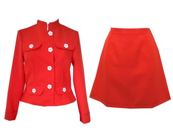 Orange 60s suit, Mod suit, jacket and skirt with flower buttons, 60s Orange skirt, 1960s jacket, 1970s suit set