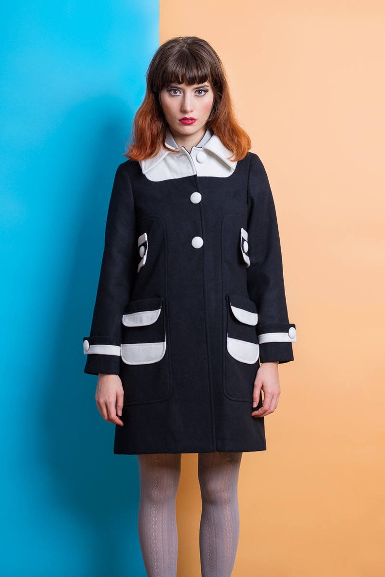 Black and white soft wool coat 60s retro mod set custom made image 1