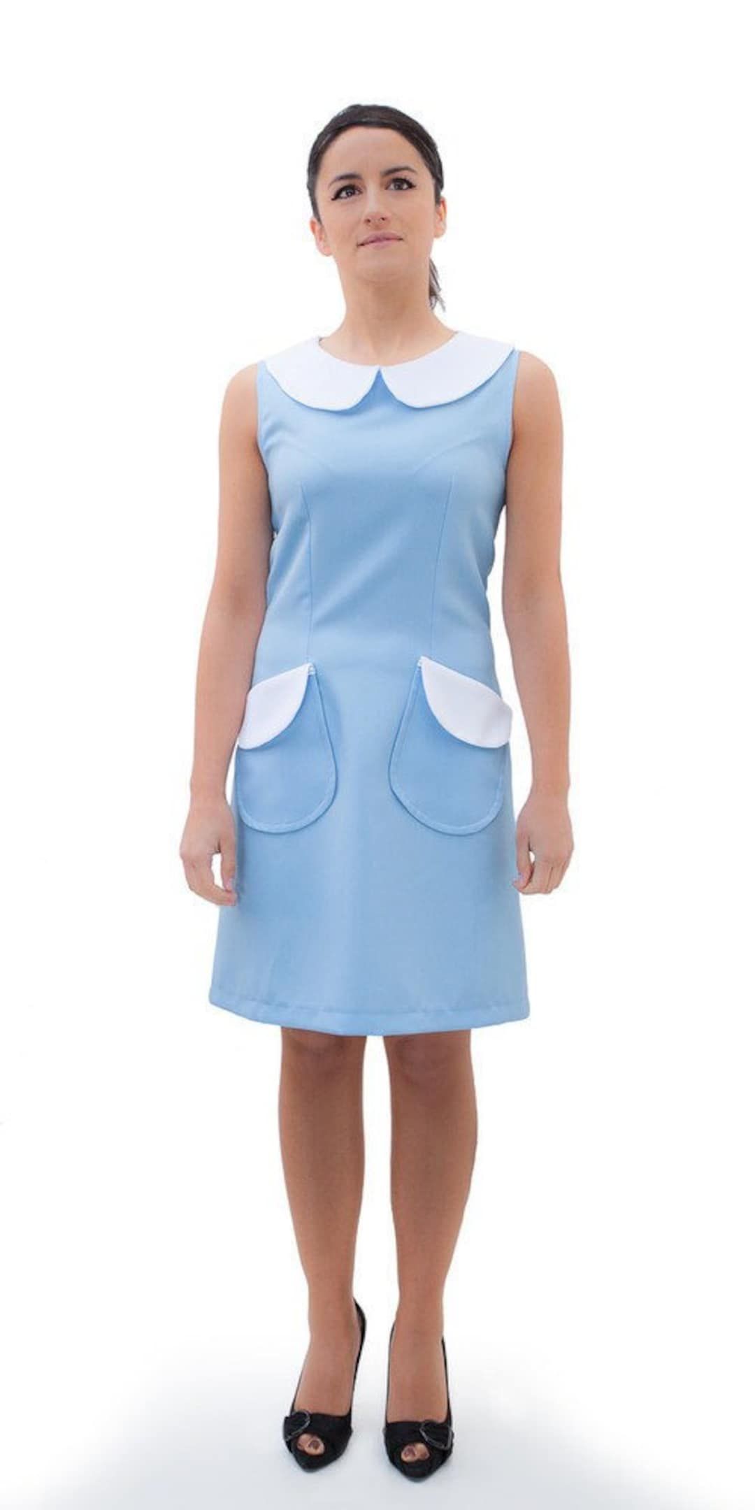 Vintage 60s dress, blue dress, peter pan collar, 1960s shift dress, pocket dress, mod blue dress