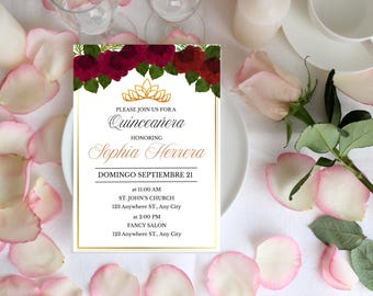 Elegant Quinceañera Invitation – Editable Canva Template in Red & Gold