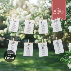 May include: White table cards with black text are clipped to a string with wooden clothespins. The cards are labeled with table numbers and names. The image includes the text "Editable with Canva" and "Two Designs Included". The background is blurred greenery.