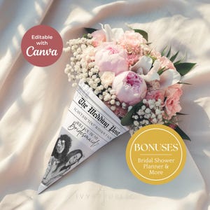 May include: A bouquet of pink and white flowers, including peonies and baby's breath, wrapped in a newspaper-style cone. The cone reads "The Wedding Post" and "Will you be my Bridesmaid?" with a photo of two women. A round sticker says "BONUSES".