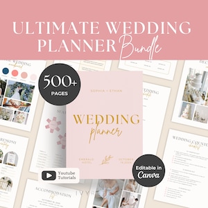 May include: A digital wedding planner bundle featuring over 500 pages of templates. The cover is light pink with gold text reading Sophia + Ethan, Wedding planner, Emerald Hotel, and October 19, 2025. Includes Canva editable files.