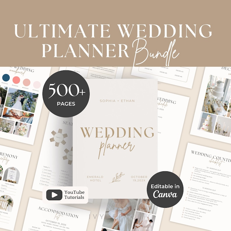 K&ouml;nnte beinhalten: Ein Hochzeitsplaner-Bundle mit dem Text "ULTIMATE WEDDING PLANNER Bundle" in einem beige-wei&szlig;en Design. Der Planer umfasst &uuml;ber 500 Seiten und ist in Canva bearbeitbar. Das Cover zeigt die Namen "SOPHIA + ETHAN" und den Text "WEDDING planner".