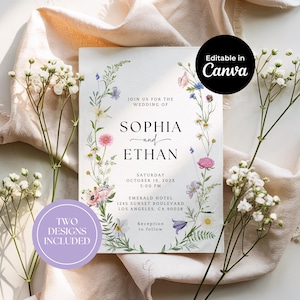 Op de afbeelding: Een trouwkaart met bloemaccenten en de namen Sophia en Ethan. De uitnodiging bevat de datum, tijd en locatie: Emerald Hotel, Los Angeles. Het ontwerp is bewerkbaar in Canva, met twee ontwerpen inbegrepen.