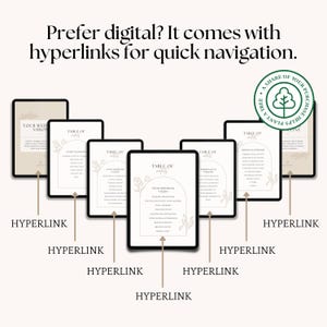 K&ouml;nnte beinhalten: Eine Sammlung digitaler Hochzeitsplanungsvorlagen auf schwarzen Tablets. Jedes Tablet zeigt einen anderen Abschnitt des Hochzeitsplanungsprozesses mit Text und floralen Designelementen. Der Text "Prefer digital? It comes with hyperlinks for quick navigation" steht oben.