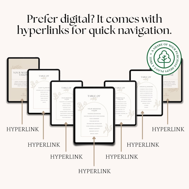 K&ouml;nnte beinhalten: Eine Sammlung digitaler Hochzeitsplanungsvorlagen auf schwarzen Tablets. Jedes Tablet zeigt einen anderen Abschnitt des Hochzeitsplanungsprozesses mit Text und floralen Designelementen. Der Text "Prefer digital? It comes with hyperlinks for quick navigation" steht oben.