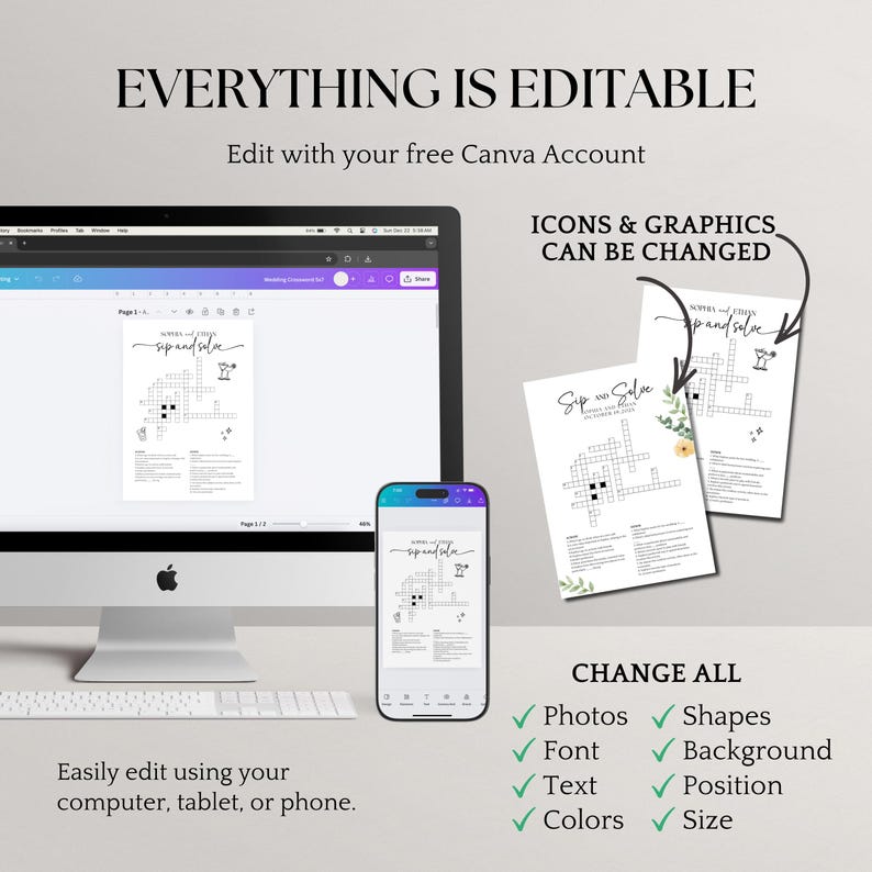 May include: A digital design template displayed on a computer, phone, and printed sheets. The design features a crossword puzzle with the text "Sip and Solve." The image includes the text "Everything is Editable" and "Icons & Graphics Can Be Changed."