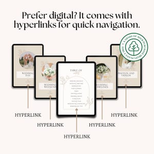 May include: Digital wedding planning templates displayed on tablets. The tablets feature various sections like wedding day, weekend, timelines, and photos. The text "Prefer digital? It comes with hyperlinks for quick navigation" is at the top.
