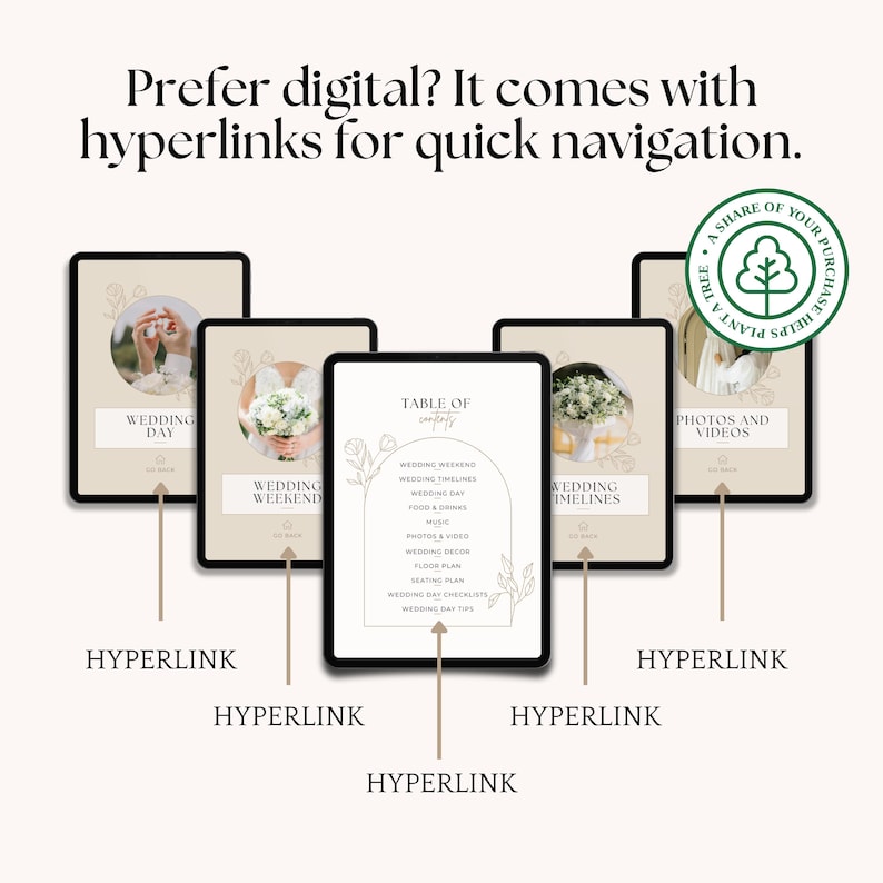May include: Digital wedding planning templates displayed on tablets. The tablets feature various sections like wedding day, weekend, timelines, and photos. The text "Prefer digital? It comes with hyperlinks for quick navigation" is at the top.