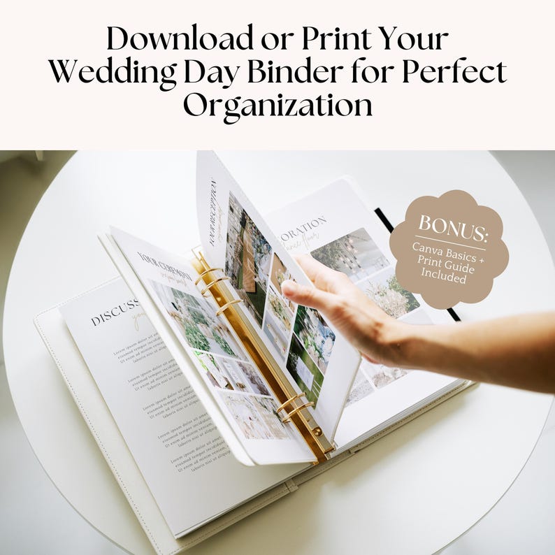 K&ouml;nnte beinhalten: Ein wei&szlig;er Ordner mit goldenen Ringen, ge&ouml;ffnet, um Seiten mit Text und Bildern anzuzeigen. Der Text "Download or Print Your Wedding Day Binder for Perfect Organization" steht oben. Bonus Canva Basics und Print Guide enthalten.