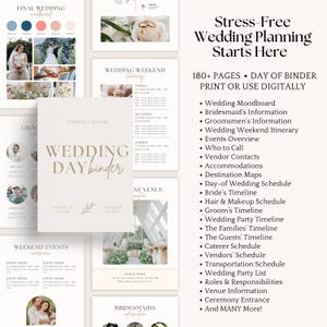 May include: A collection of wedding planning materials, including a binder, mood board, and itinerary templates. The text reads "Stress-Free Wedding Planning Starts Here" and lists various planning tools. The color scheme is neutral with gold accents.