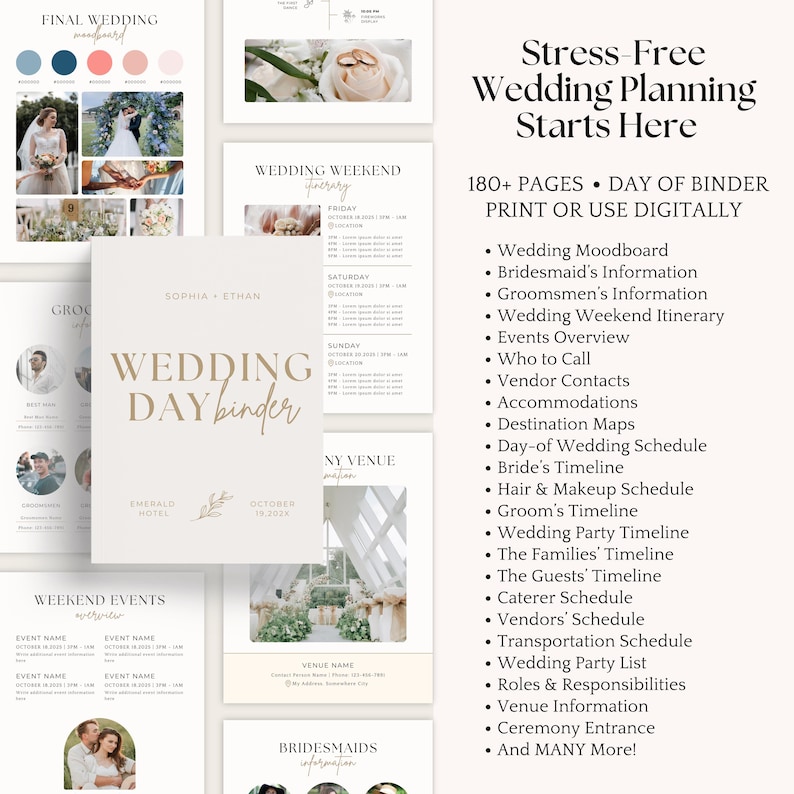 May include: A collection of wedding planning materials, including a binder, mood board, and itinerary templates. The text reads "Stress-Free Wedding Planning Starts Here" and lists various planning tools. The color scheme is neutral with gold accents.