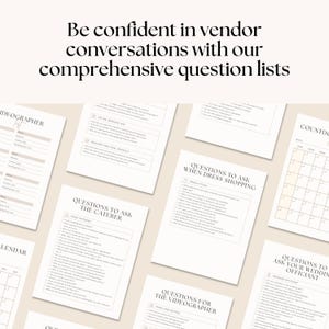 K&ouml;nnte beinhalten: Eine Sammlung druckbarer Checklisten und Kalender f&uuml;r die Hochzeitsplanung auf cremefarbenem Hintergrund. Der Text "Be confident in vendor conversations with our comprehensive question lists" steht oben. Die Checklisten enthalten Fragen f&uuml;r Anbieter.