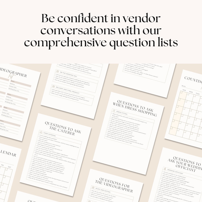 K&ouml;nnte beinhalten: Eine Sammlung druckbarer Checklisten und Kalender f&uuml;r die Hochzeitsplanung auf cremefarbenem Hintergrund. Der Text "Be confident in vendor conversations with our comprehensive question lists" steht oben. Die Checklisten enthalten Fragen f&uuml;r Anbieter.