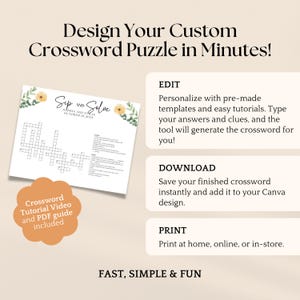 May include: A promotional image for a custom crossword puzzle design service. The image features a completed crossword puzzle, with the text "Sip and Solve" and "October 19, 2020". The image also includes the text "Design Your Custom Crossword Puzzle in Minutes!" and "Fast, Simple & Fun".