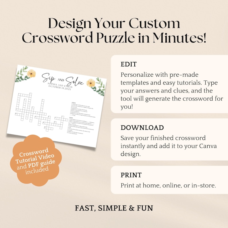 May include: A promotional image for a custom crossword puzzle design service. The image features a completed crossword puzzle, with the text "Sip and Solve" and "October 19, 2020". The image also includes the text "Design Your Custom Crossword Puzzle in Minutes!" and "Fast, Simple & Fun".