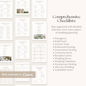 May include: A collection of printable wedding planning checklists in a minimalist style. The checklists cover various aspects of wedding planning, including emergency, bridal suite, and reception items. The text "100% Editable in Canva" is visible.