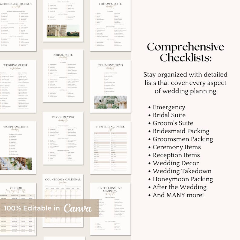 May include: A collection of printable wedding planning checklists in a minimalist style. The checklists cover various aspects of wedding planning, including emergency, bridal suite, and reception items. The text "100% Editable in Canva" is visible.