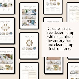 May include: A collection of digital tablets displaying wedding and event decor planning guides. The guides feature table setting diagrams, inventory lists, and setup instructions. Text on the screen reads: "Create stress-free decor setup with organized inventory lists and clear setup instructions."