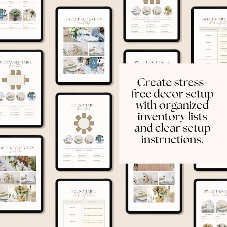 May include: A collection of digital tablets displaying wedding and event decor planning guides. The guides feature table setting diagrams, inventory lists, and setup instructions. Text on the screen reads: "Create stress-free decor setup with organized inventory lists and clear setup instructions."
