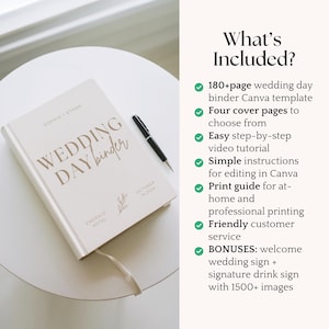 May include: A cream-colored wedding day binder with gold lettering and a ribbon bookmark sits on a white table. A black pen rests beside the binder. The text on the binder reads "WEDDING DAY binder" and includes the names "SOPHIA + ETHAN".