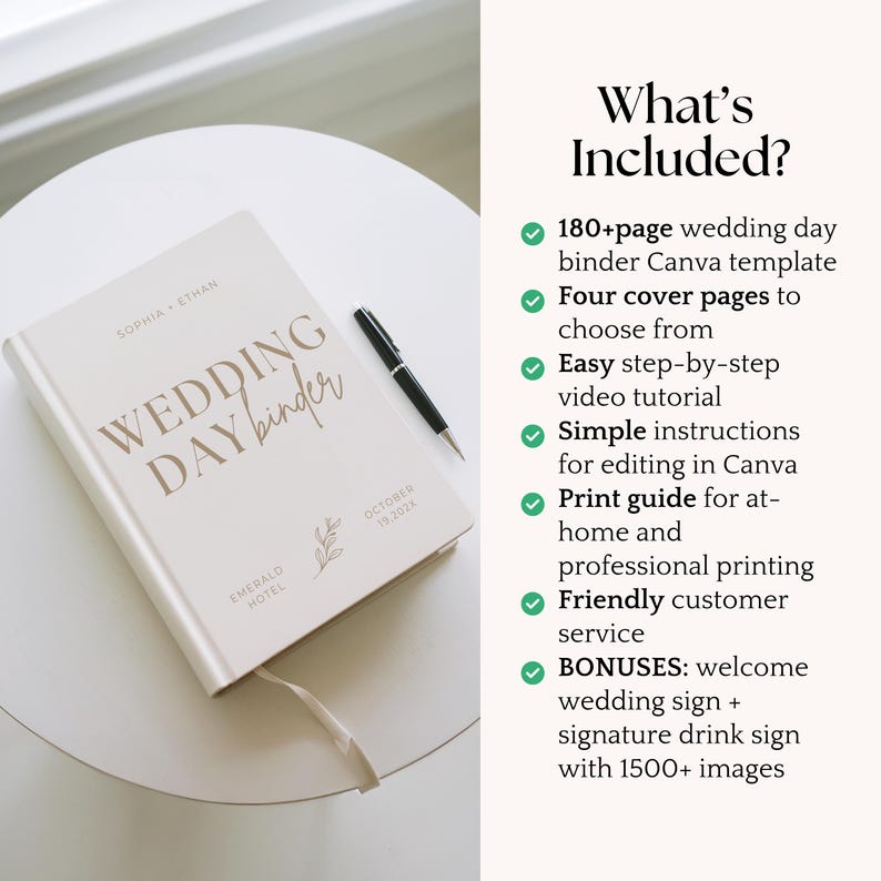 May include: A cream-colored wedding day binder with gold lettering and a ribbon bookmark sits on a white table. A black pen rests beside the binder. The text on the binder reads "WEDDING DAY binder" and includes the names "SOPHIA + ETHAN".