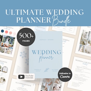 Puede incluir: Un paquete de planificador de bodas digital con más de 500 páginas de plantillas. La portada es azul claro con el texto "Sophia + Ethan", "Wedding Planner", "Emerald Hotel" y "October 19, 202X". Incluye listas y cronogramas.