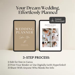 K&ouml;nnte beinhalten: Zwei digitale Tablets zeigen einen Hochzeitsplaner und ein Fotografie-Visionboard. Der Hochzeitsplaner ist beige mit dem Text "Wedding Planner" und den Namen "Sophia & Ethan". Das Fotobrett zeigt Hochzeitsfotos. Text: "Your Dream Wedding, Effortlessly Planned."