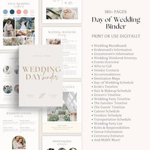 K&ouml;nnte beinhalten: Ein Hochzeitsplaner in neutralen Farben mit dem Text "Wedding Day Binder" und einer Liste von Planungsmaterialien. Der Ordner enth&auml;lt Abschnitte f&uuml;r Moodboards, Zeitpl&auml;ne, Kontakte von Anbietern usw. Das Bild zeigt auch Hochzeitsfotos.