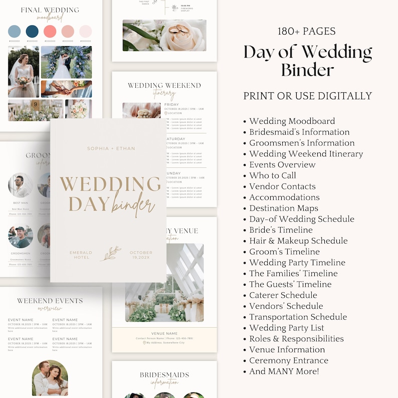 K&ouml;nnte beinhalten: Ein Hochzeitsplaner in neutralen Farben mit dem Text "Wedding Day Binder" und einer Liste von Planungsmaterialien. Der Ordner enth&auml;lt Abschnitte f&uuml;r Moodboards, Zeitpl&auml;ne, Kontakte von Anbietern usw. Das Bild zeigt auch Hochzeitsfotos.