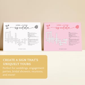 May include: Two crossword puzzles, one white and one pink, with the text "Sip and Solve" and the names "Sophia and Ethan." The puzzles have cocktail and disco ball graphics. The white puzzle has black text and graphics, while the pink puzzle has red. The bottom text reads "October 19, 2023."